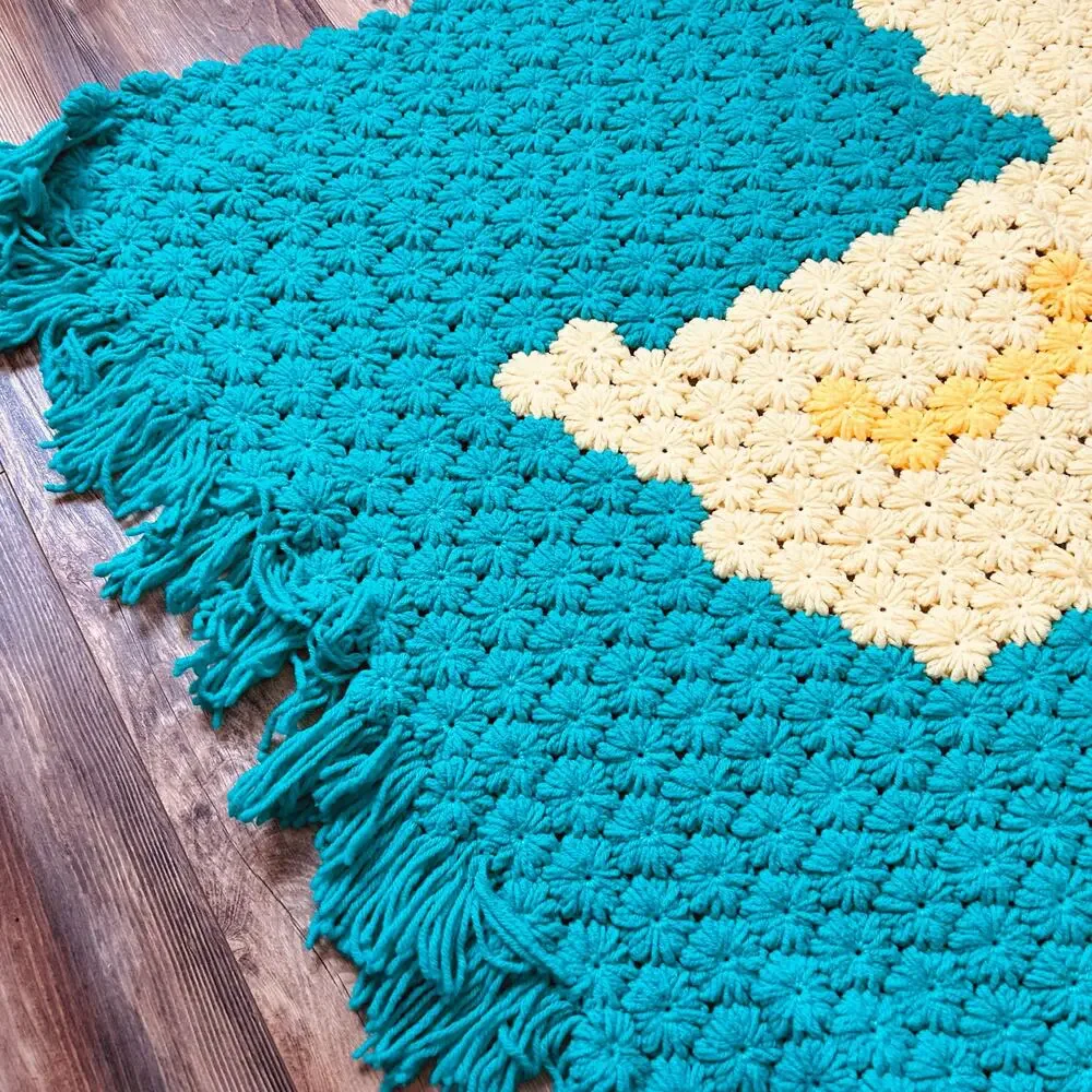 Vintage Crochet Duck Afghan Blanket Fringe Teal Baby Duckling Nursery Decor OOAK